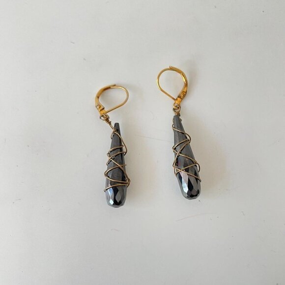 Tourmaline Bar Glass Earrings Drop Dangle Wire-Wrapped Lever Back Black - Picture 2 of 5